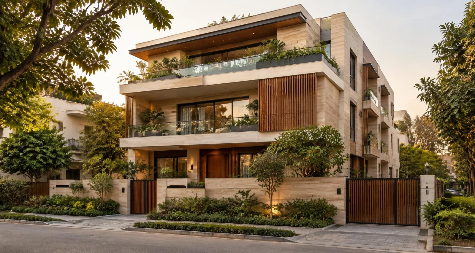 Contemporary Indian residence with stone cladding and landscaped balconies